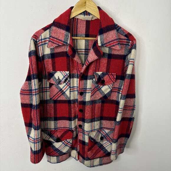Vintage Career Club 70s Men S 14-14.5 Red Plaid Shacket Button Shirt Wool Blend - Picture 1 of 8